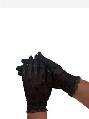 Sheer Black Moon & Star Mesh Gloves with Ruffle Cuff